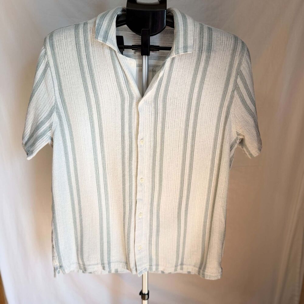 Hollister Shirt Mens Large Cream Sage Green Striped Open Weave Crochet Button Up